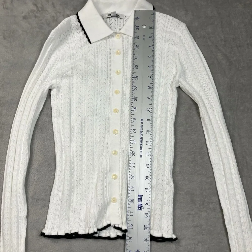 Madewell Cardigan Womens XXS White Ruffle Trim Pointelle Peter Pan Preppy NY455